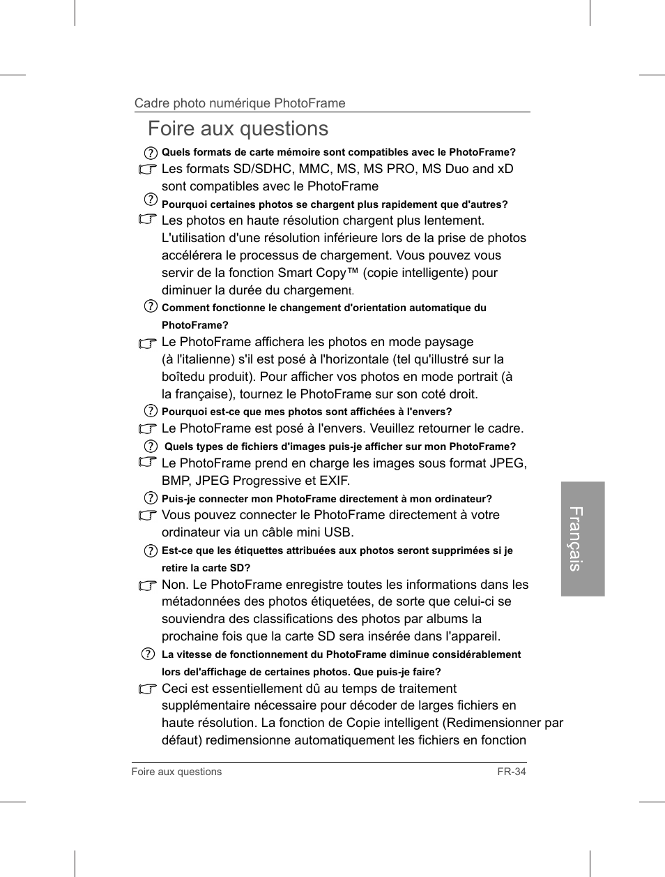 Foire aux questions | Philips Home Essentials Digital PhotoFrame SPF3402S 10.1" LCD Panel Brown Wood Frame User Manual | Page 122 / 126