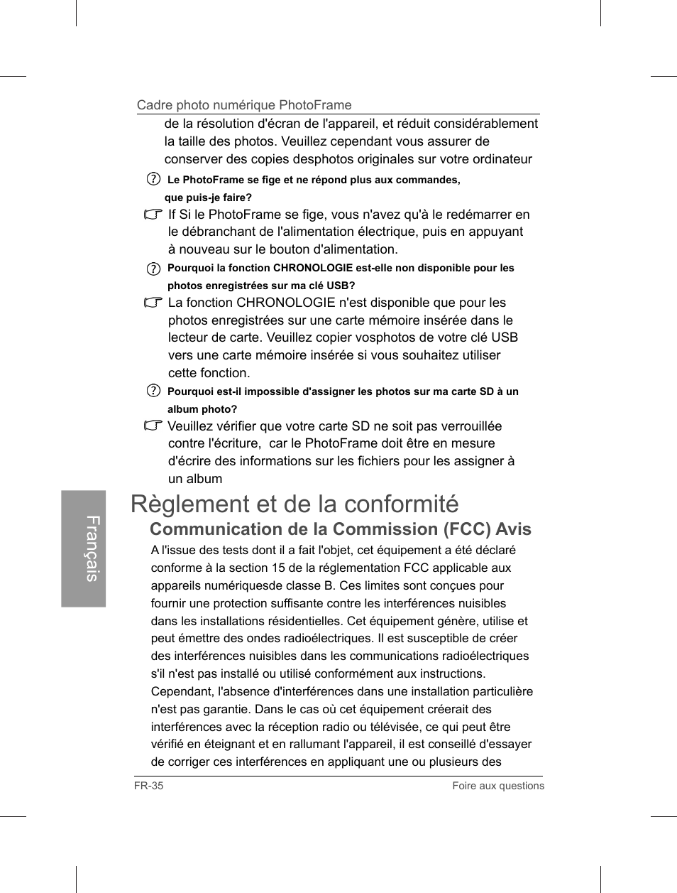 Règlement et de la conformité, Communication de la commission (fcc) avis | Philips Home Essentials Digital PhotoFrame SPF3402S 10.1" LCD Panel Brown Wood Frame User Manual | Page 123 / 126