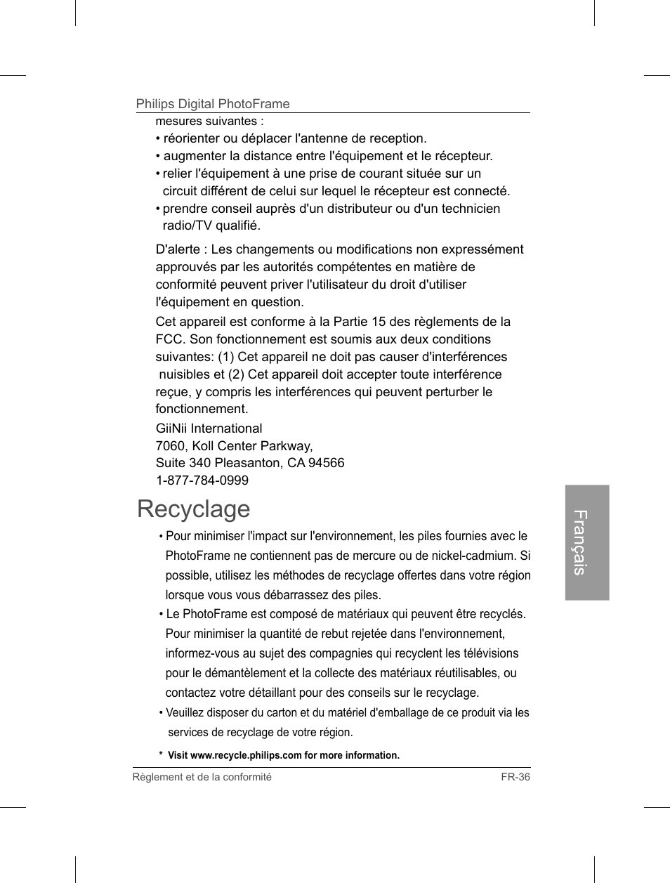 Recyclage | Philips Home Essentials Digital PhotoFrame SPF3402S 10.1" LCD Panel Brown Wood Frame User Manual | Page 124 / 126