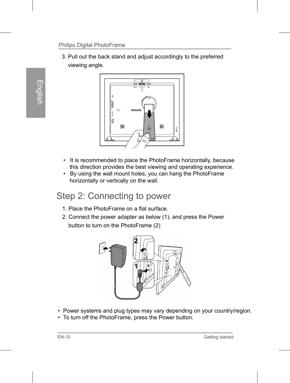 Step 2: connecting to power | Philips Home Essentials Digital PhotoFrame SPF3402S 10.1" LCD Panel Brown Wood Frame User Manual | Page 15 / 126