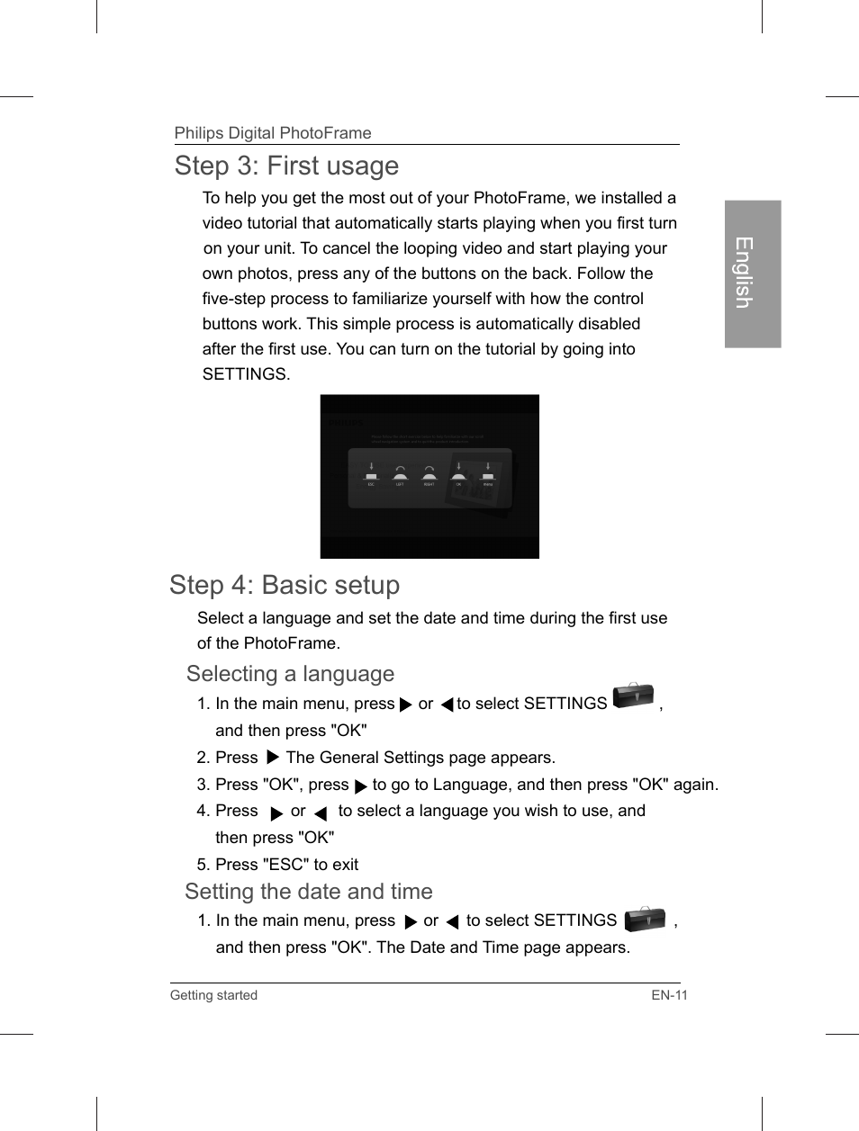 Step 3: first usage, Step 4: basic setup, Selecting a language | Setting the date and time | Philips Home Essentials Digital PhotoFrame SPF3402S 10.1" LCD Panel Brown Wood Frame User Manual | Page 16 / 126