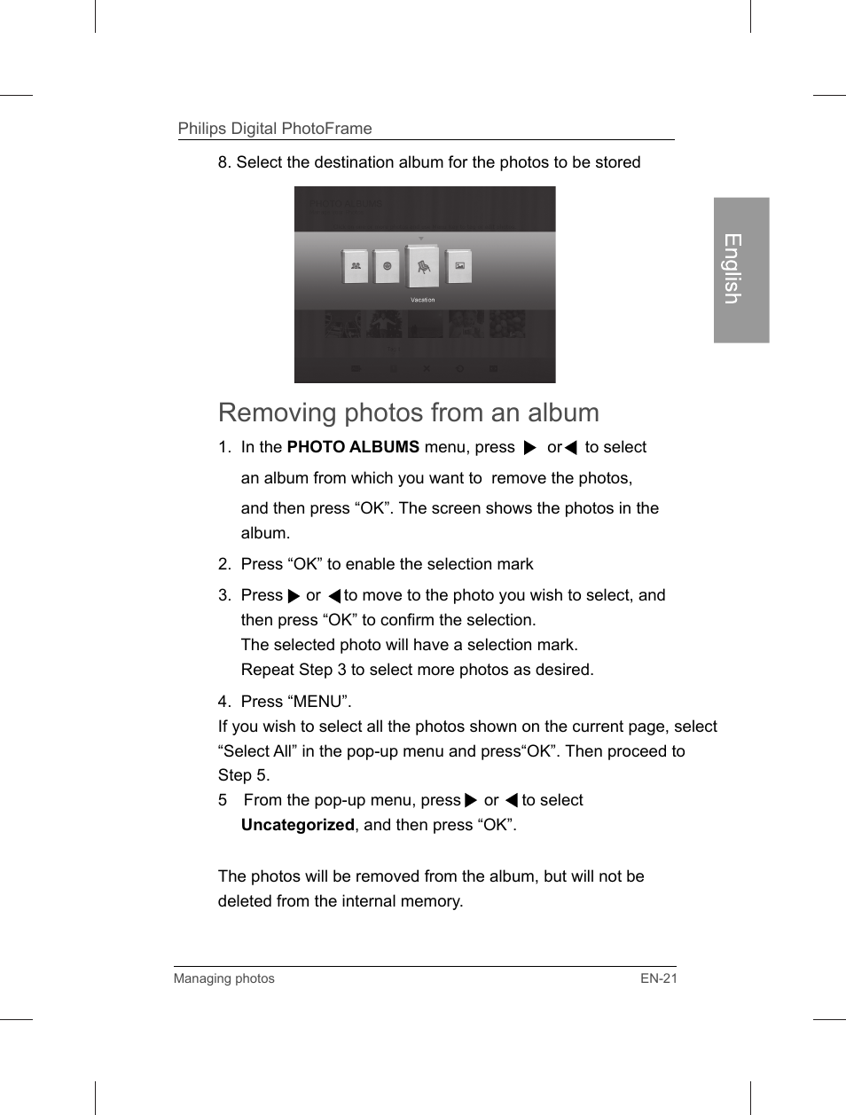 Removing photos from an album | Philips Home Essentials Digital PhotoFrame SPF3402S 10.1" LCD Panel Brown Wood Frame User Manual | Page 26 / 126