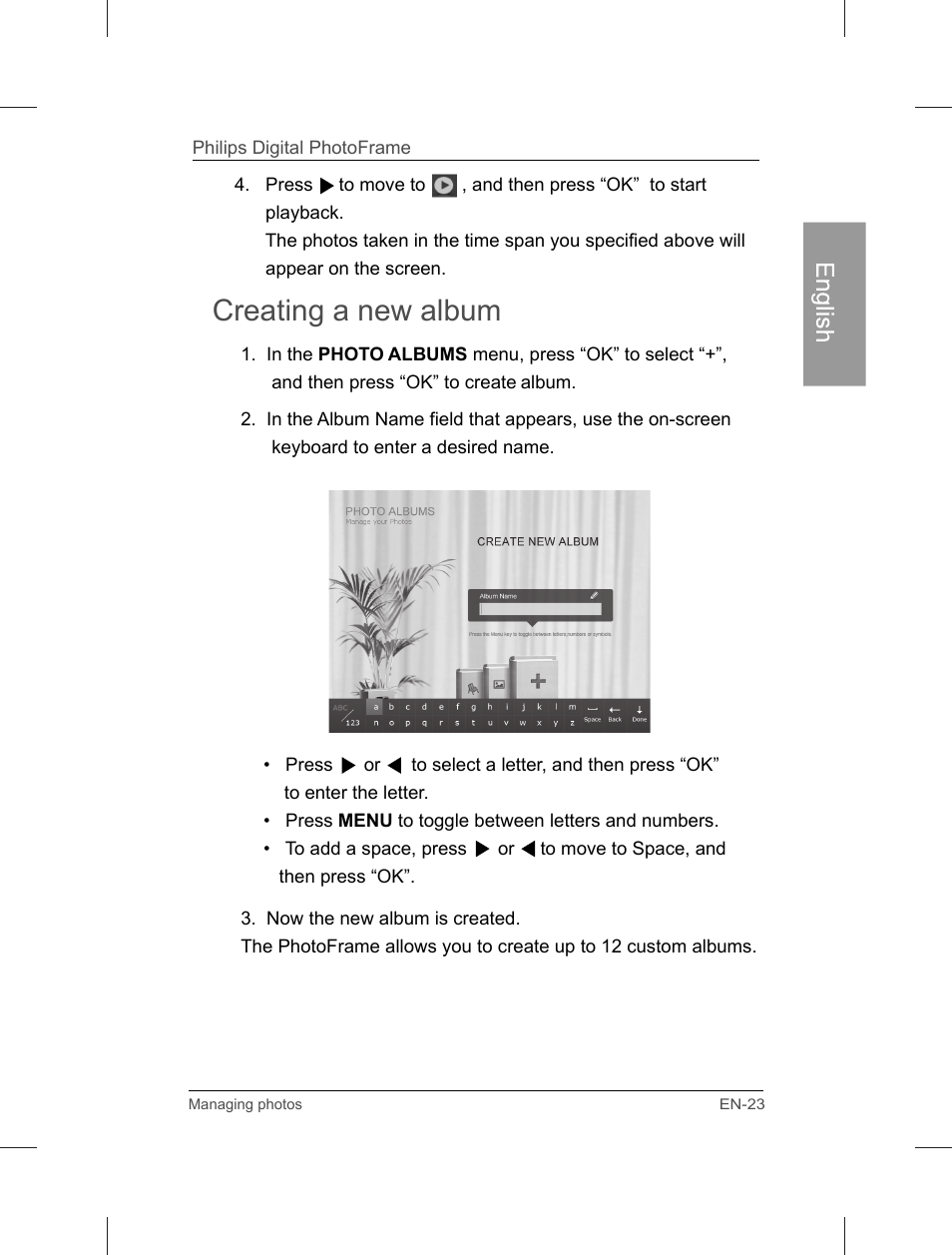 Creating a new album | Philips Home Essentials Digital PhotoFrame SPF3402S 10.1" LCD Panel Brown Wood Frame User Manual | Page 28 / 126