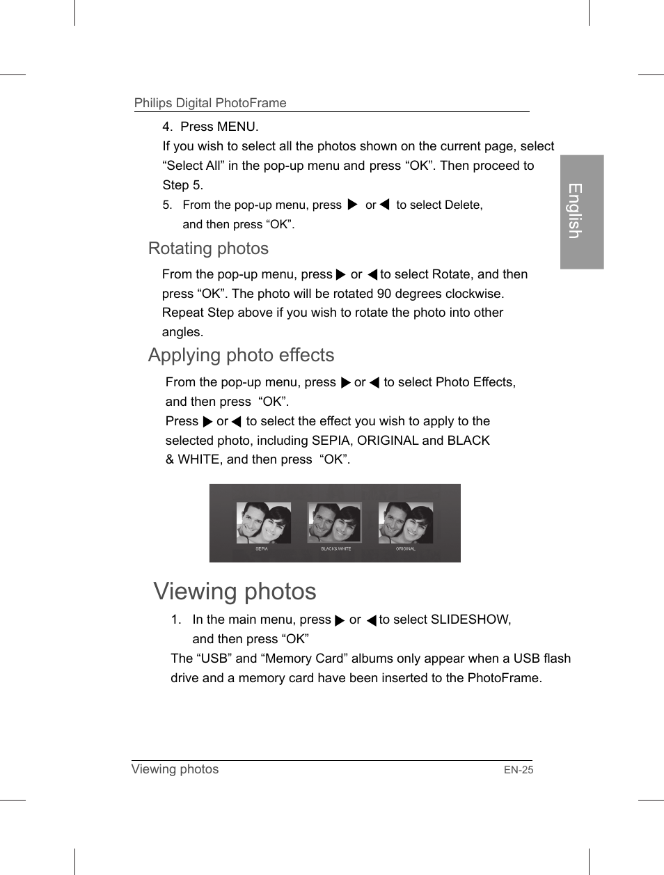 Viewing photos, Applying photo effects, Rotating photos | Philips Home Essentials Digital PhotoFrame SPF3402S 10.1" LCD Panel Brown Wood Frame User Manual | Page 30 / 126