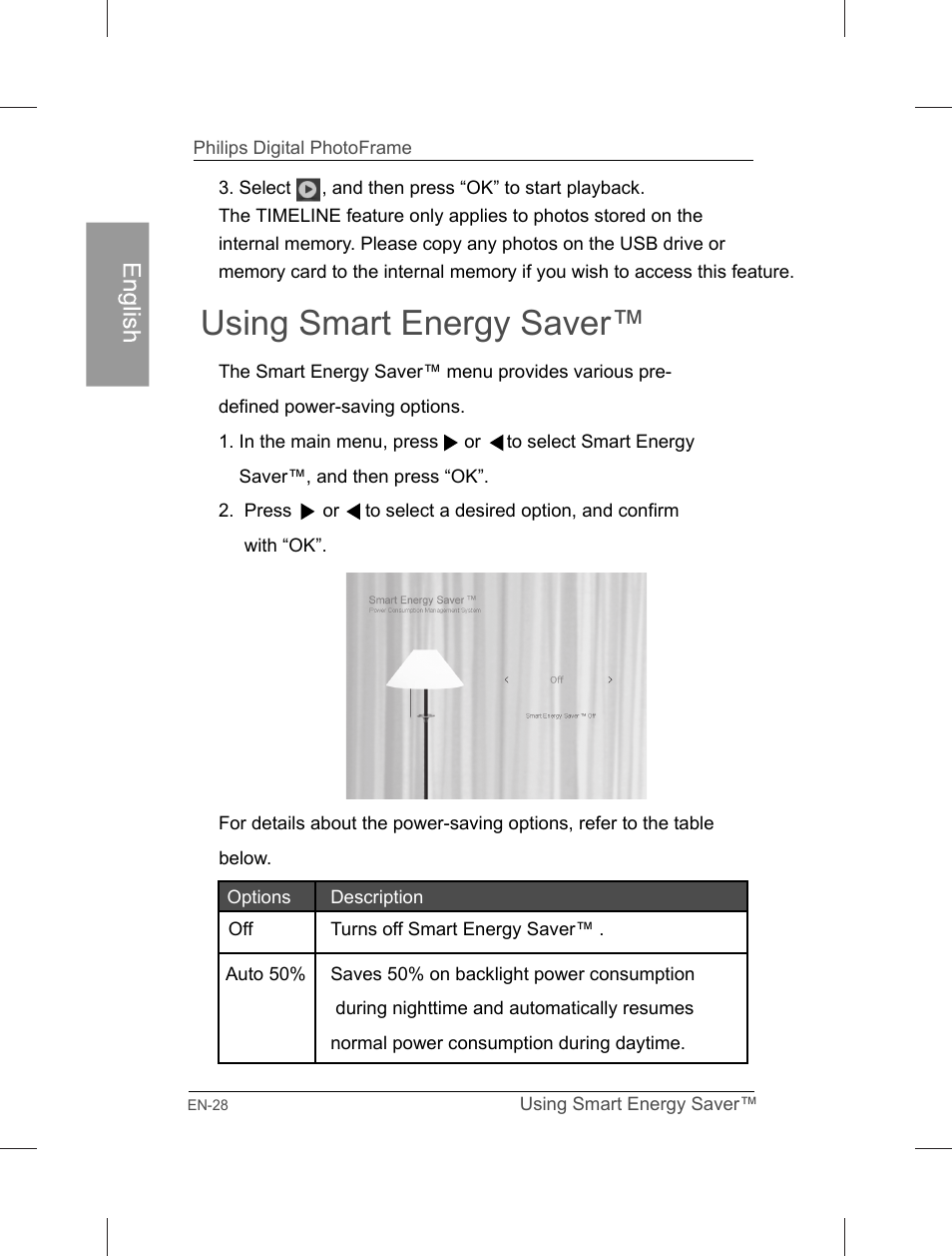 Using smart energy saver | Philips Home Essentials Digital PhotoFrame SPF3402S 10.1" LCD Panel Brown Wood Frame User Manual | Page 33 / 126