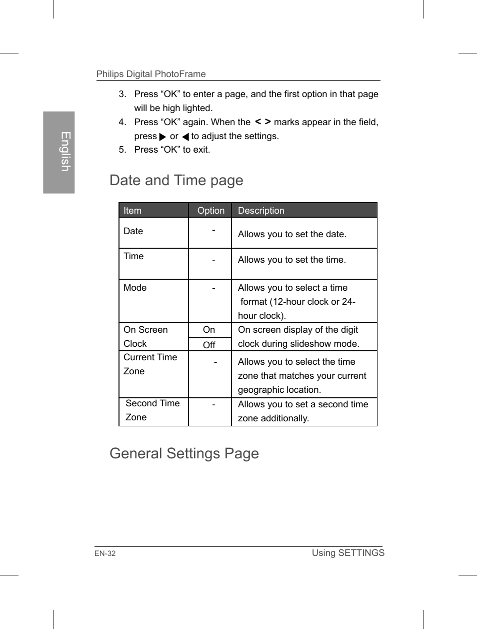 General settings page, Date and time page | Philips Home Essentials Digital PhotoFrame SPF3402S 10.1" LCD Panel Brown Wood Frame User Manual | Page 37 / 126