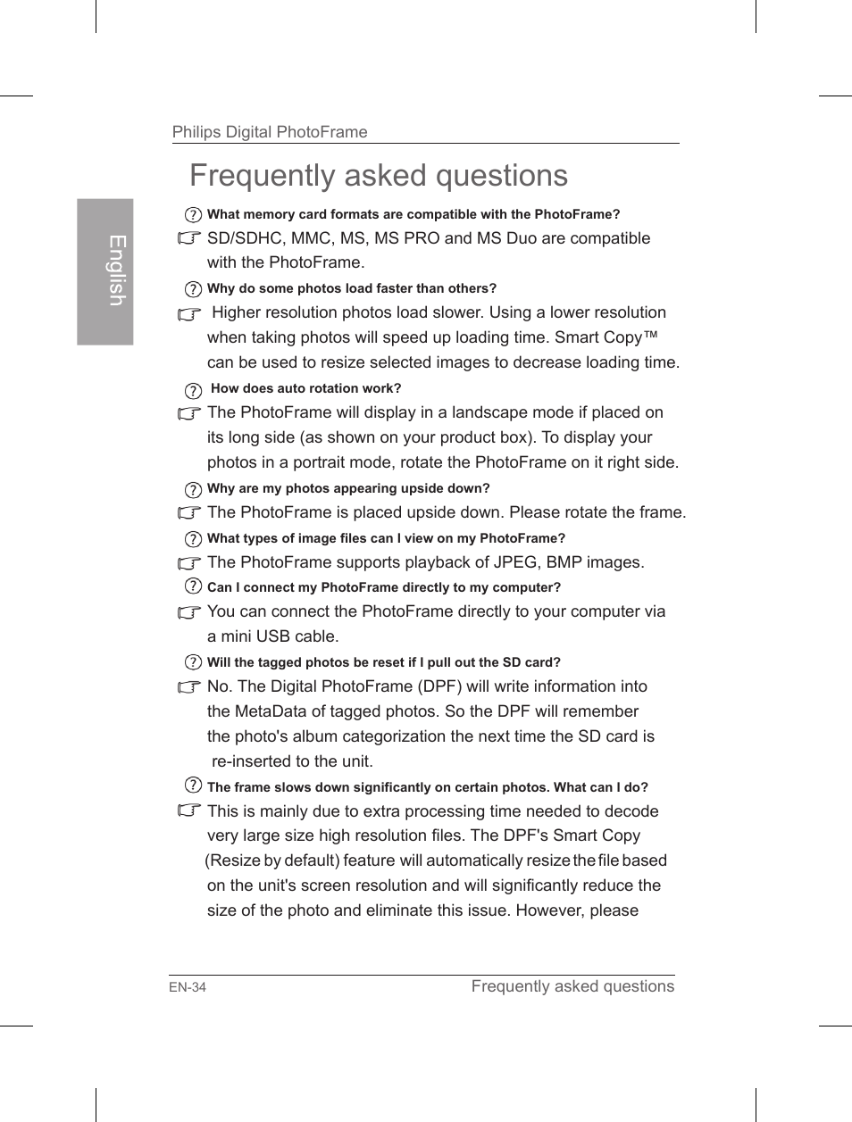 Frequently asked questions | Philips Home Essentials Digital PhotoFrame SPF3402S 10.1" LCD Panel Brown Wood Frame User Manual | Page 39 / 126