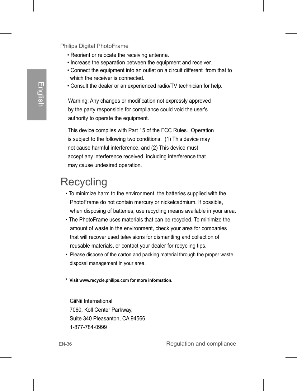 Recycling | Philips Home Essentials Digital PhotoFrame SPF3402S 10.1" LCD Panel Brown Wood Frame User Manual | Page 41 / 126