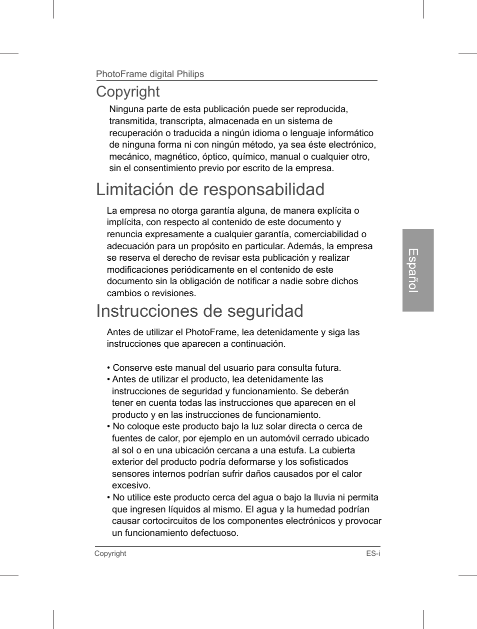 Limitación de responsabilidad, Instrucciones de seguridad, Copyright | Philips Home Essentials Digital PhotoFrame SPF3402S 10.1" LCD Panel Brown Wood Frame User Manual | Page 44 / 126