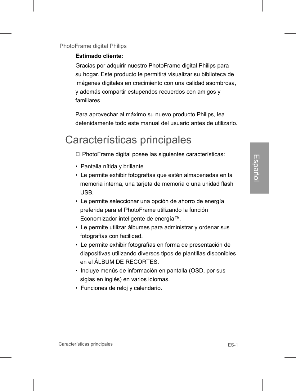 Características principales | Philips Home Essentials Digital PhotoFrame SPF3402S 10.1" LCD Panel Brown Wood Frame User Manual | Page 48 / 126