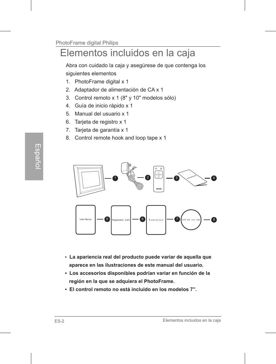 Elementos incluidos en la caja, Español | Philips Home Essentials Digital PhotoFrame SPF3402S 10.1" LCD Panel Brown Wood Frame User Manual | Page 49 / 126