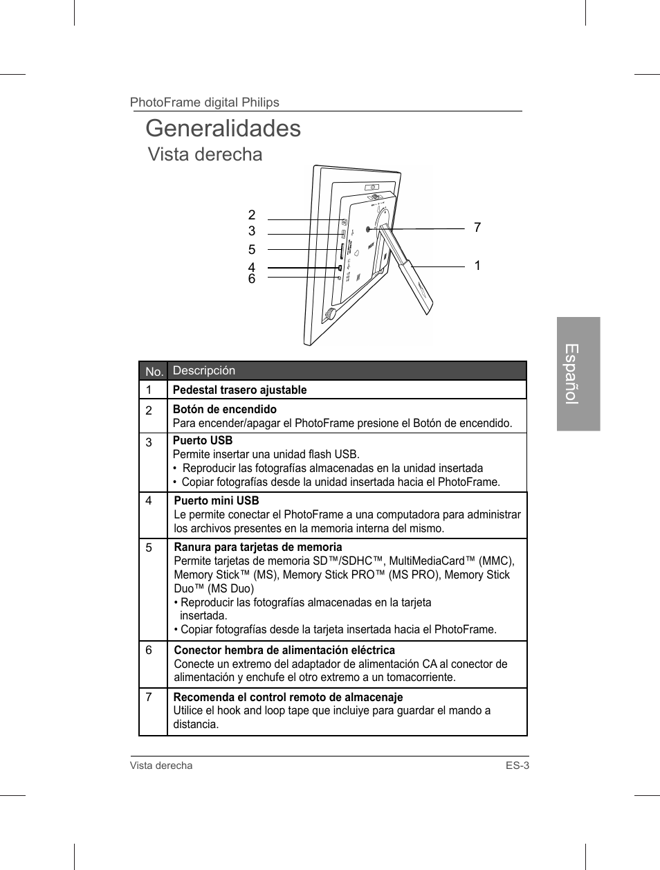 Generalidades, Vista derecha | Philips Home Essentials Digital PhotoFrame SPF3402S 10.1" LCD Panel Brown Wood Frame User Manual | Page 50 / 126