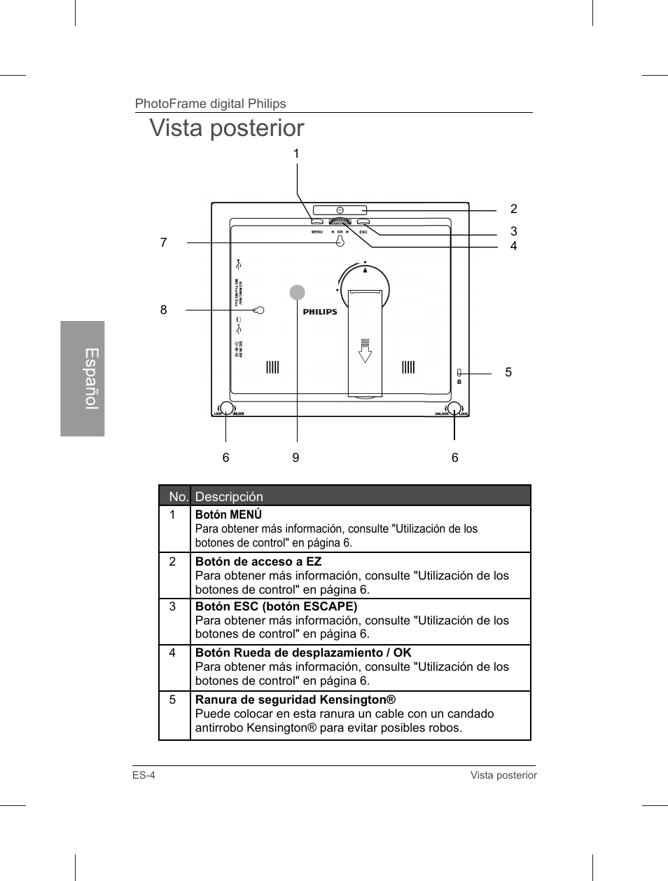 Vista posterior | Philips Home Essentials Digital PhotoFrame SPF3402S 10.1" LCD Panel Brown Wood Frame User Manual | Page 51 / 126