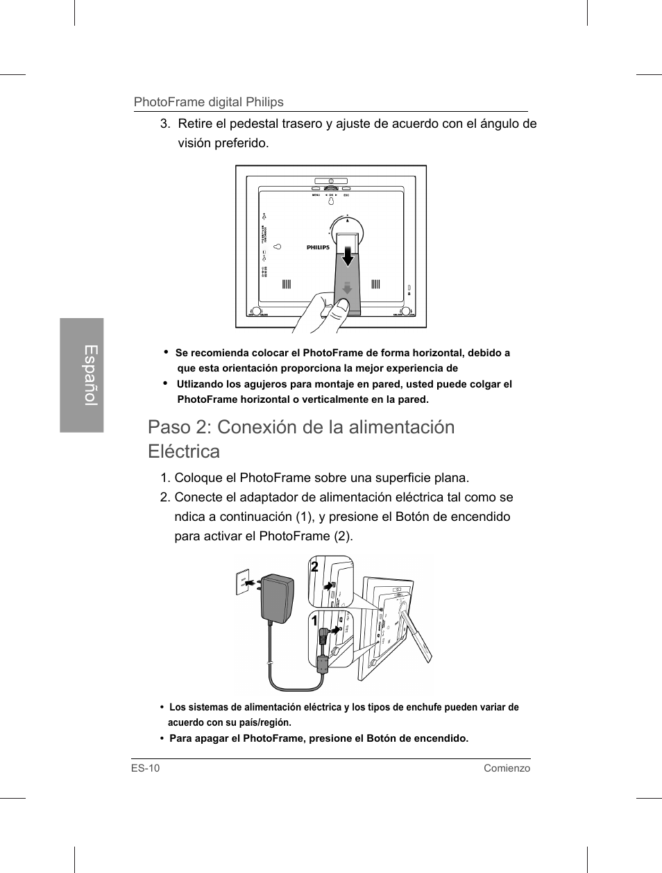 Paso 2: conexión de la alimentación eléctrica, Español | Philips Home Essentials Digital PhotoFrame SPF3402S 10.1" LCD Panel Brown Wood Frame User Manual | Page 57 / 126