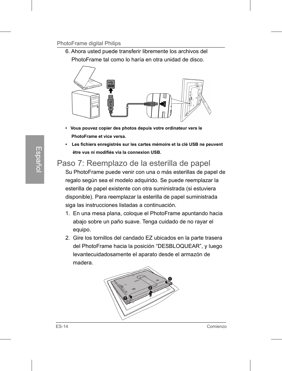 Paso 7: reemplazo de la esterilla de papel, Español | Philips Home Essentials Digital PhotoFrame SPF3402S 10.1" LCD Panel Brown Wood Frame User Manual | Page 61 / 126