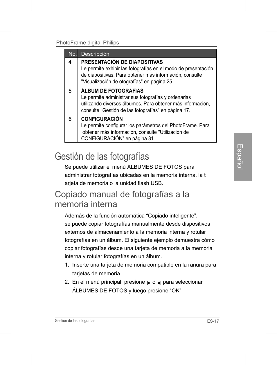 Gestión de las fotografías | Philips Home Essentials Digital PhotoFrame SPF3402S 10.1" LCD Panel Brown Wood Frame User Manual | Page 64 / 126