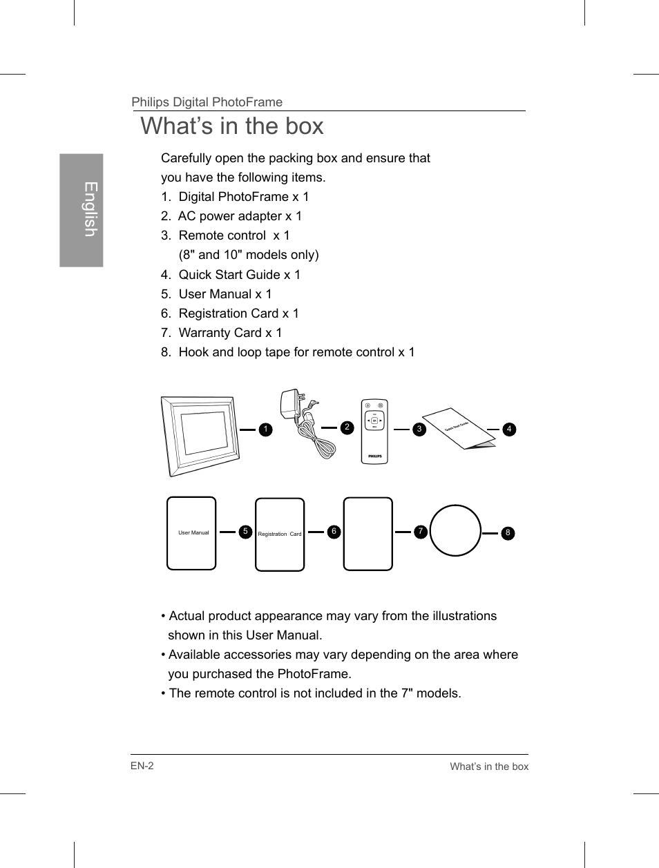 What’s in the box | Philips Home Essentials Digital PhotoFrame SPF3402S 10.1" LCD Panel Brown Wood Frame User Manual | Page 7 / 126