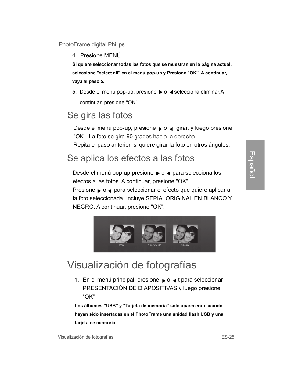 Visualización de fotografías, Se gira las fotos, Se aplica los efectos a las fotos | Philips Home Essentials Digital PhotoFrame SPF3402S 10.1" LCD Panel Brown Wood Frame User Manual | Page 72 / 126