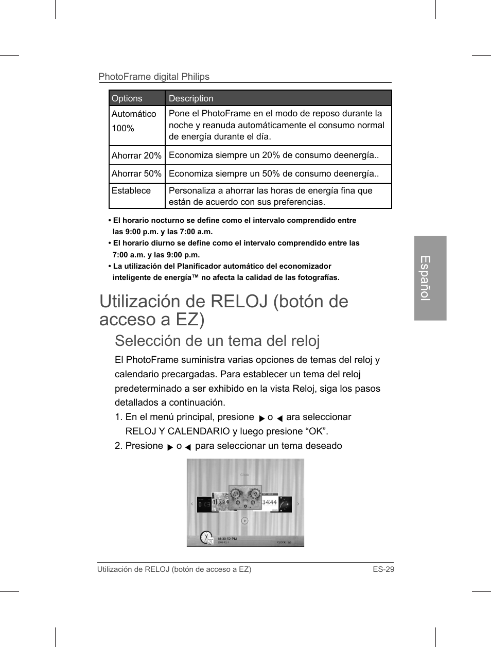 Utilización de reloj (botón de acceso a ez), Selección de un tema del reloj | Philips Home Essentials Digital PhotoFrame SPF3402S 10.1" LCD Panel Brown Wood Frame User Manual | Page 76 / 126
