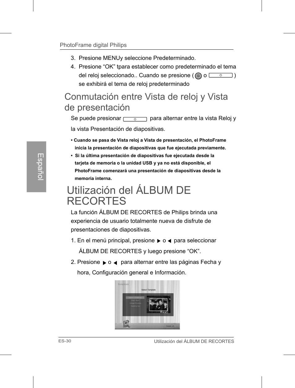 Utilización del álbum de recortes | Philips Home Essentials Digital PhotoFrame SPF3402S 10.1" LCD Panel Brown Wood Frame User Manual | Page 77 / 126