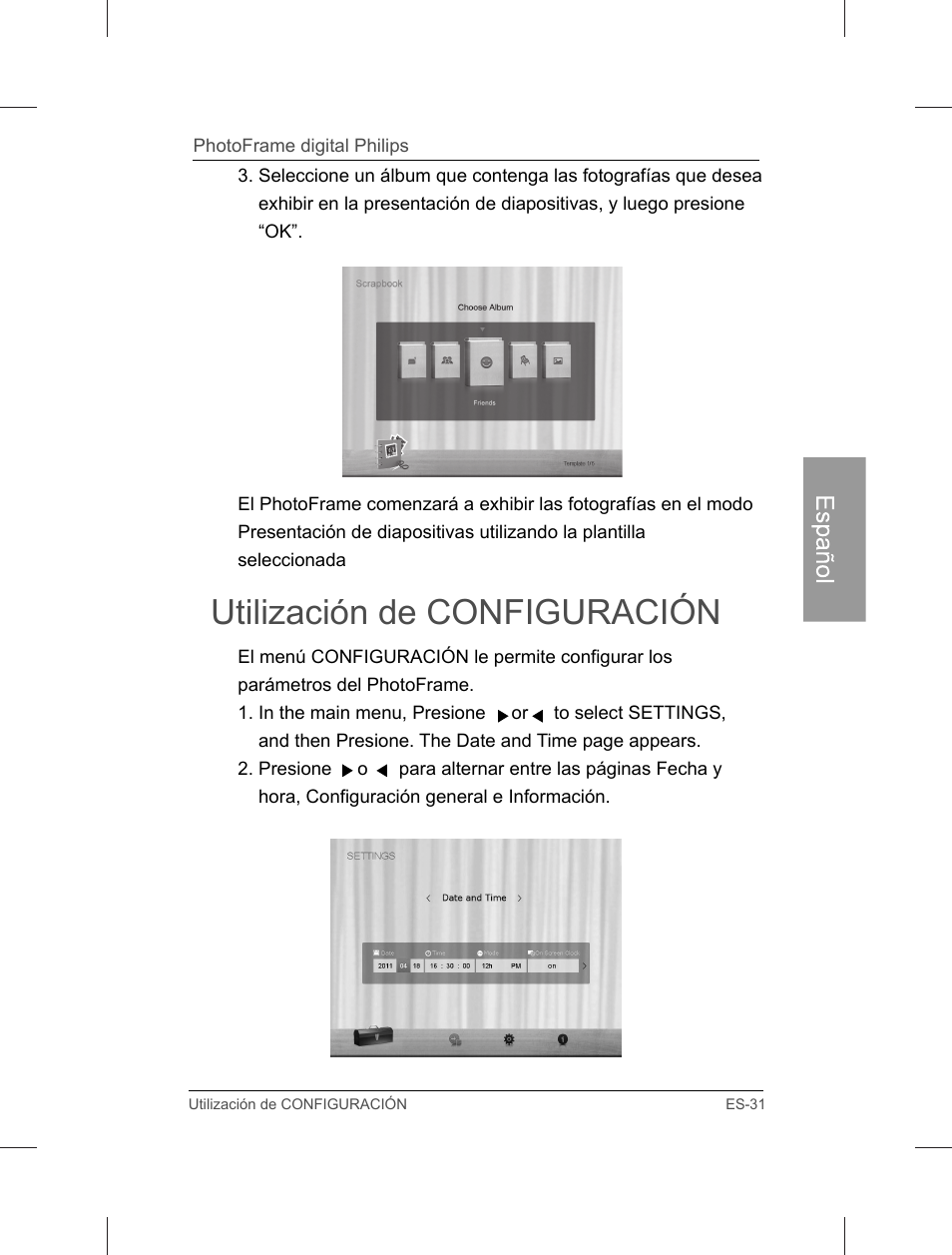 Utilización de configuración | Philips Home Essentials Digital PhotoFrame SPF3402S 10.1" LCD Panel Brown Wood Frame User Manual | Page 78 / 126