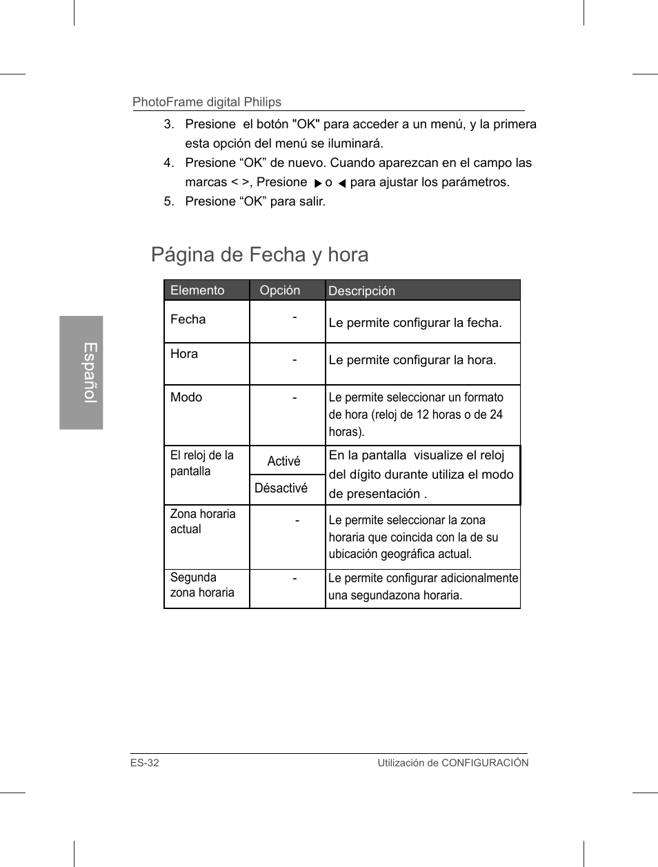 Página de fecha y hora | Philips Home Essentials Digital PhotoFrame SPF3402S 10.1" LCD Panel Brown Wood Frame User Manual | Page 79 / 126