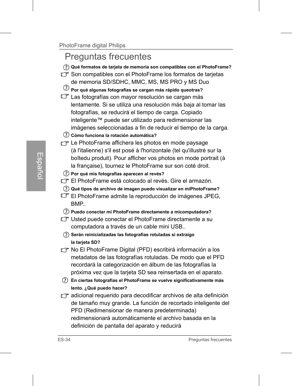 Preguntas frecuentes, Español | Philips Home Essentials Digital PhotoFrame SPF3402S 10.1" LCD Panel Brown Wood Frame User Manual | Page 81 / 126