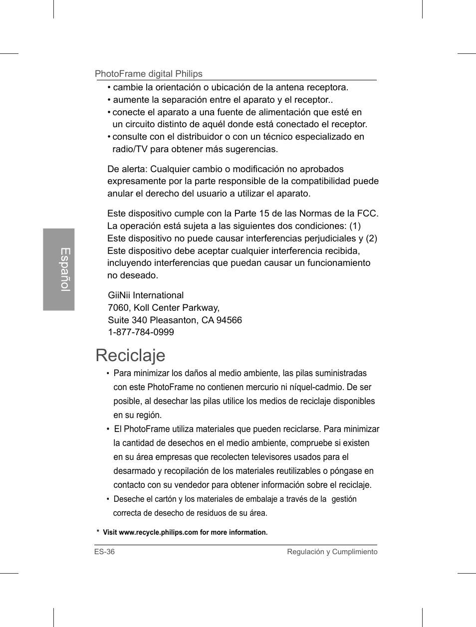 Reciclaje | Philips Home Essentials Digital PhotoFrame SPF3402S 10.1" LCD Panel Brown Wood Frame User Manual | Page 83 / 126