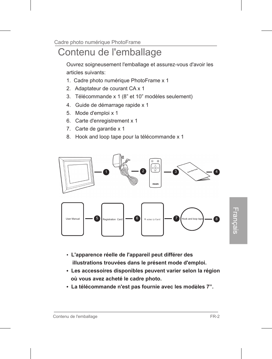 Contenu de l'emballage | Philips Home Essentials Digital PhotoFrame SPF3402S 10.1" LCD Panel Brown Wood Frame User Manual | Page 90 / 126