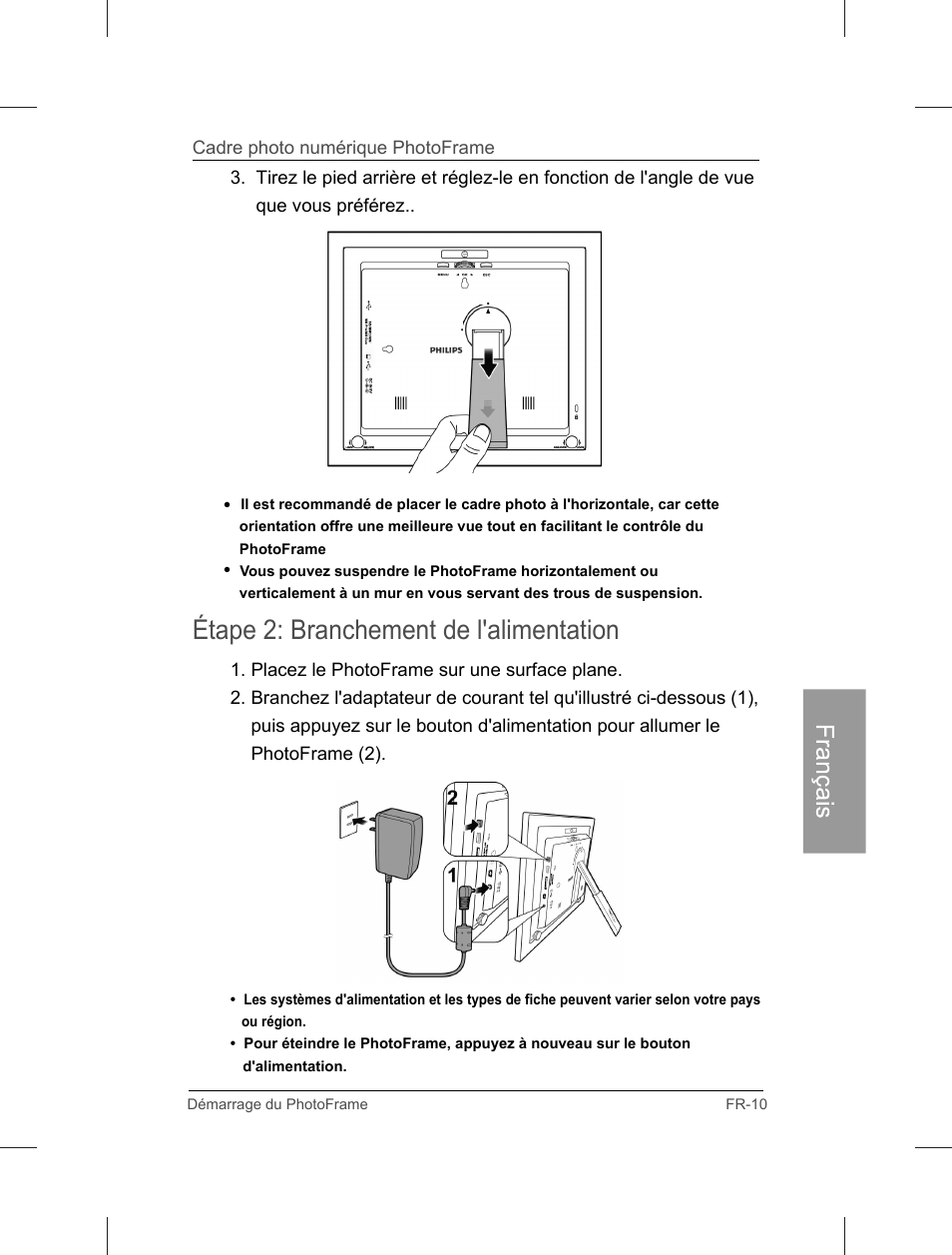 Étape 2: branchement de l'alimentation | Philips Home Essentials Digital PhotoFrame SPF3402S 10.1" LCD Panel Brown Wood Frame User Manual | Page 98 / 126