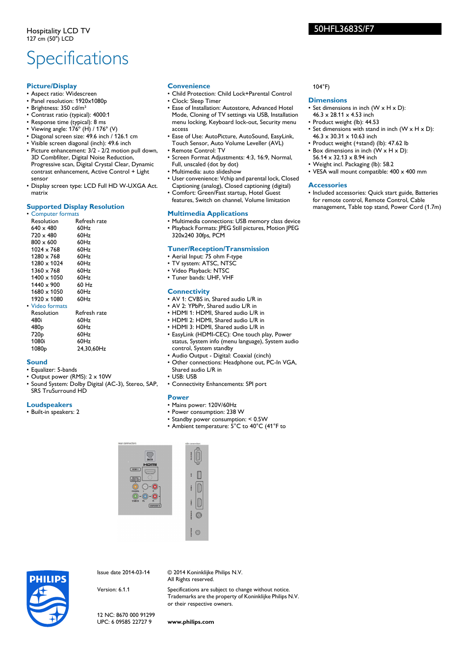 Specifications | Philips 50HFL3683S-F7 User Manual | Page 3 / 3