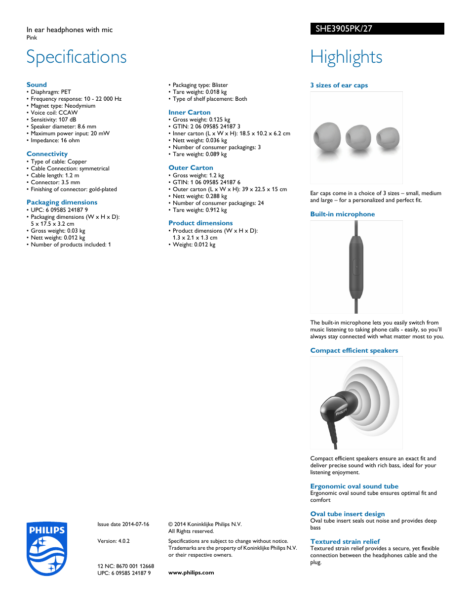 Specifications, Highlights | Philips SHE3905PK-27 User Manual | Page 2 / 2