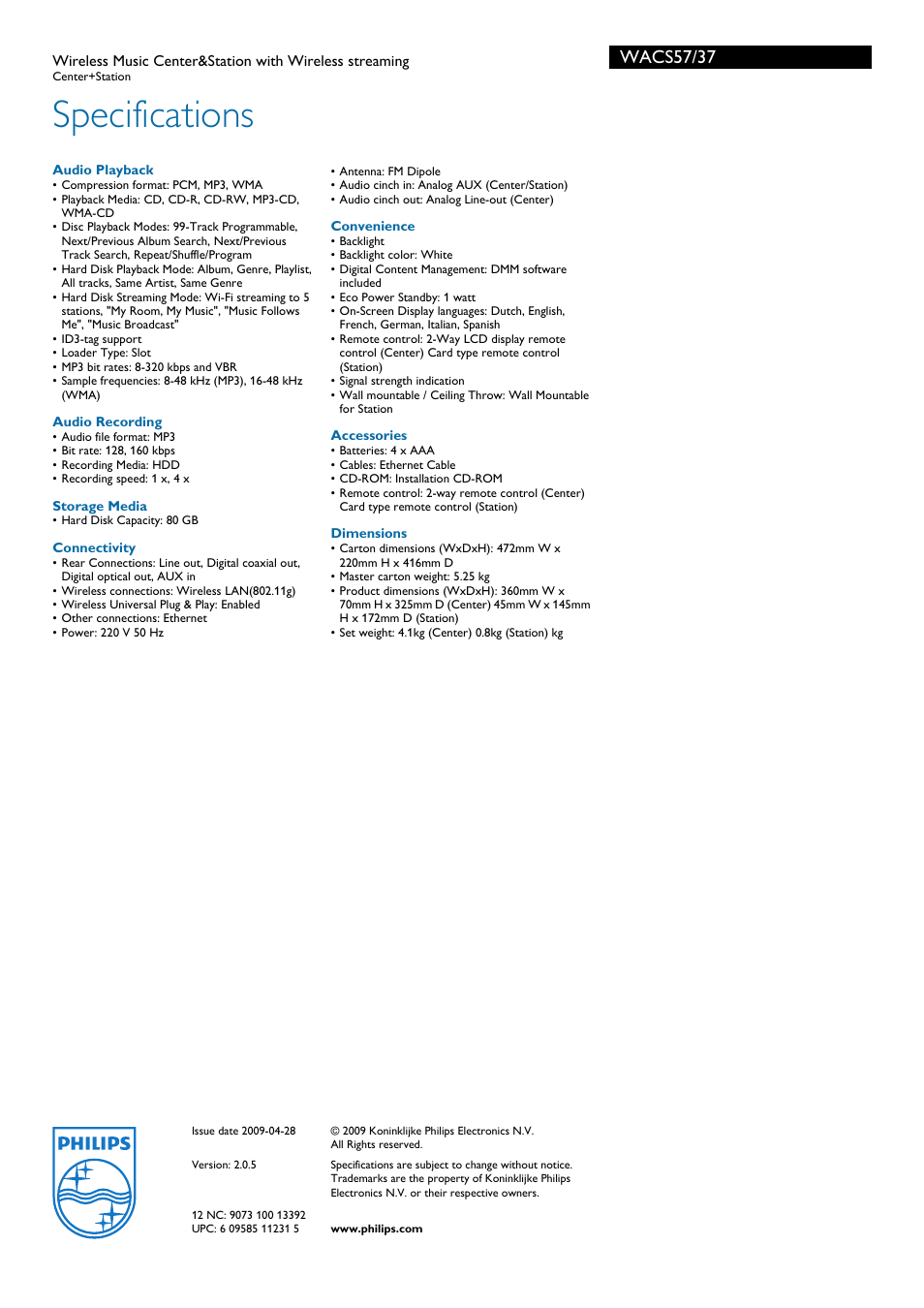 Specifications, Wacs57/37 | Philips WACS57-37B User Manual | Page 3 / 3