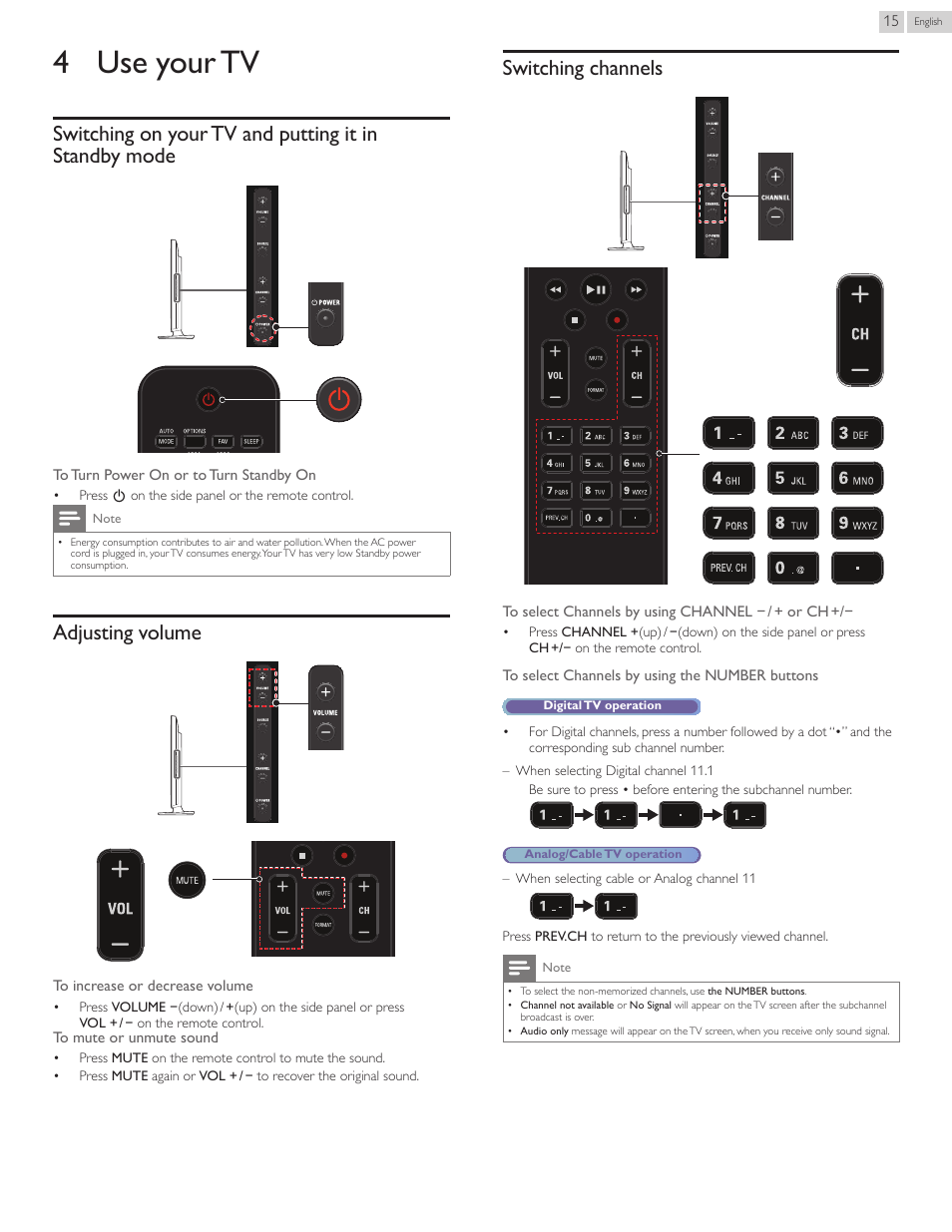 4 use your tv, Adjusting volume, Switching channels | Philips 40PFL4907-F7 User Manual | Page 15 / 67