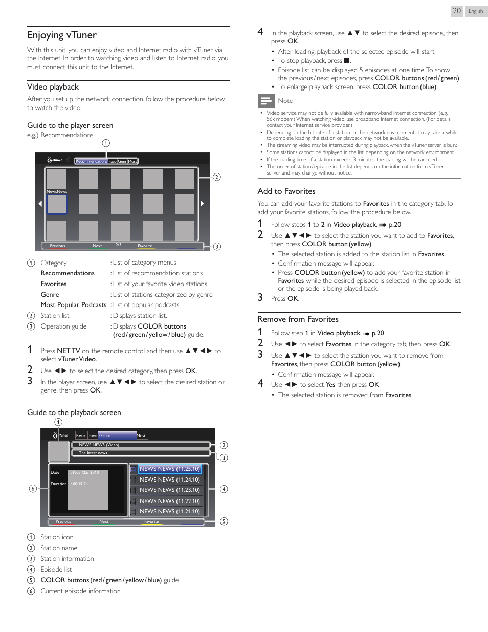 Enjoying vtuner, Video playback, Add to favorites | Remove from favorites | Philips 40PFL4907-F7 User Manual | Page 20 / 67