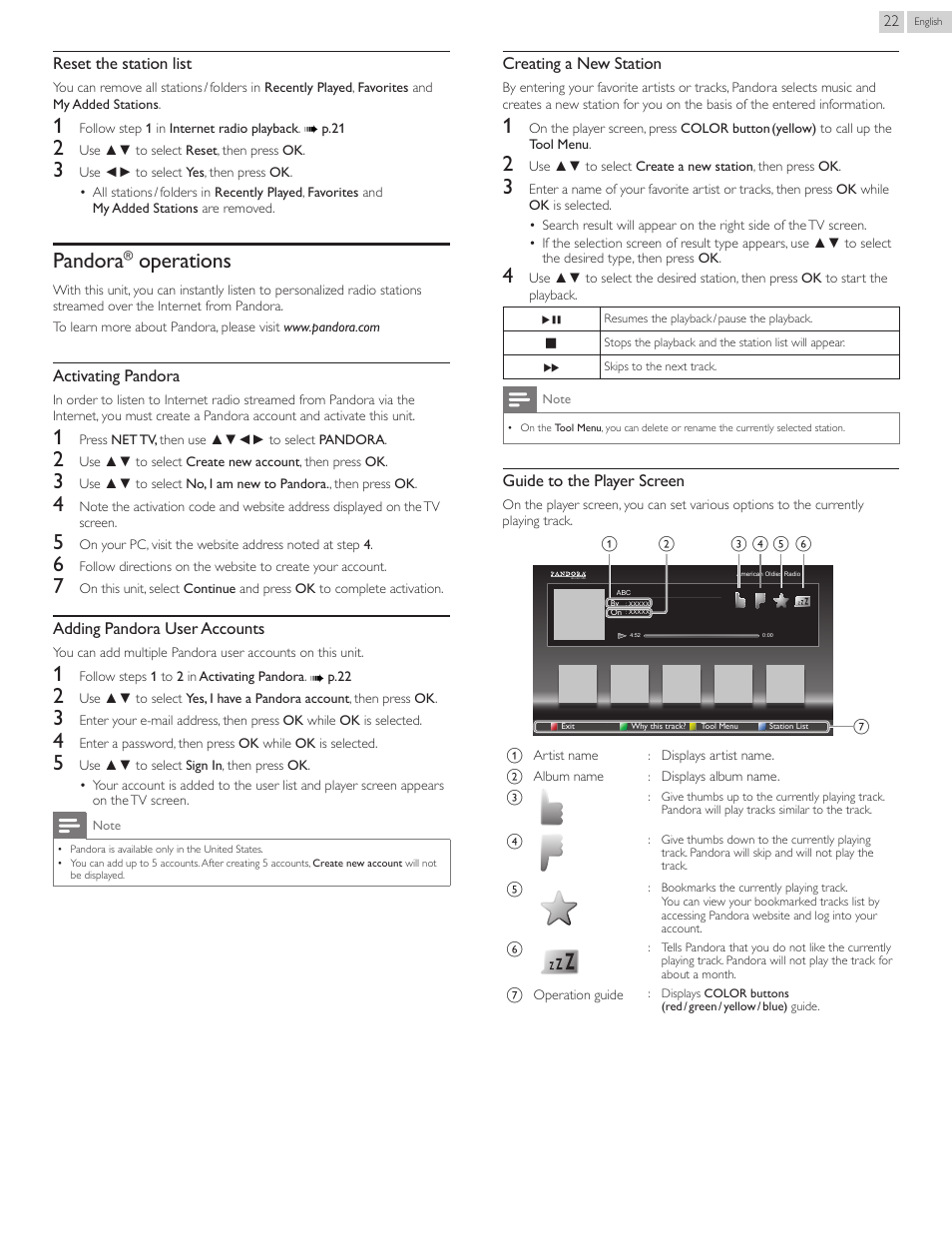 Pandora operations, Pandora, Operations | Philips 40PFL4907-F7 User Manual | Page 22 / 67