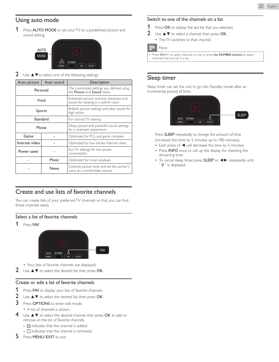 Using auto mode, Create and use lists of favorite channels, Sleep timer | Using auto mode 1 | Philips 40PFL4907-F7 User Manual | Page 25 / 67