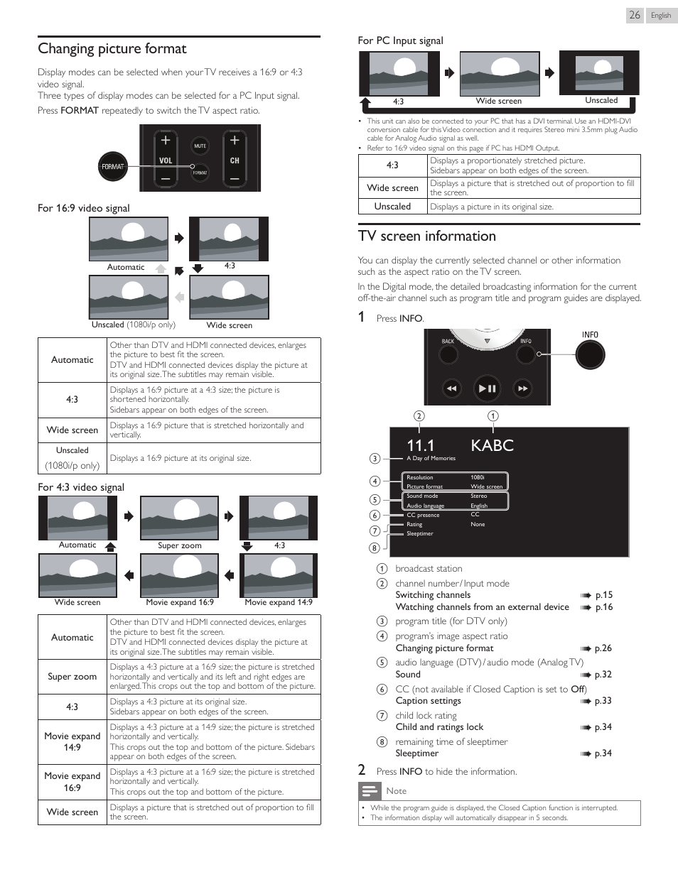 Changing picture format, Tv screen information, 1 kabc | Philips 40PFL4907-F7 User Manual | Page 26 / 67