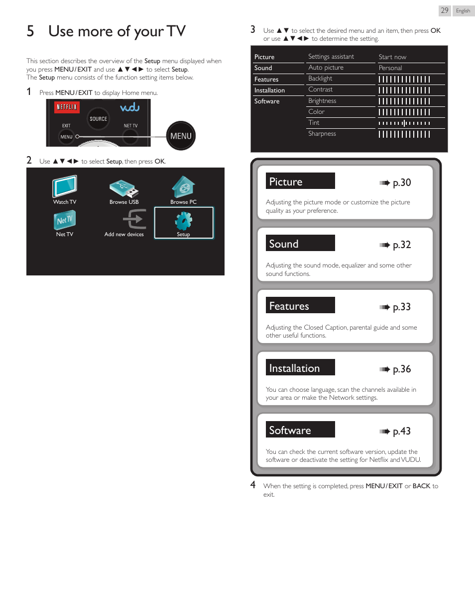 5 use more of your tv, Picture, Sound | Features, Installation, Software, P. 30, P. 32, P. 33, P. 36 | Philips 40PFL4907-F7 User Manual | Page 29 / 67