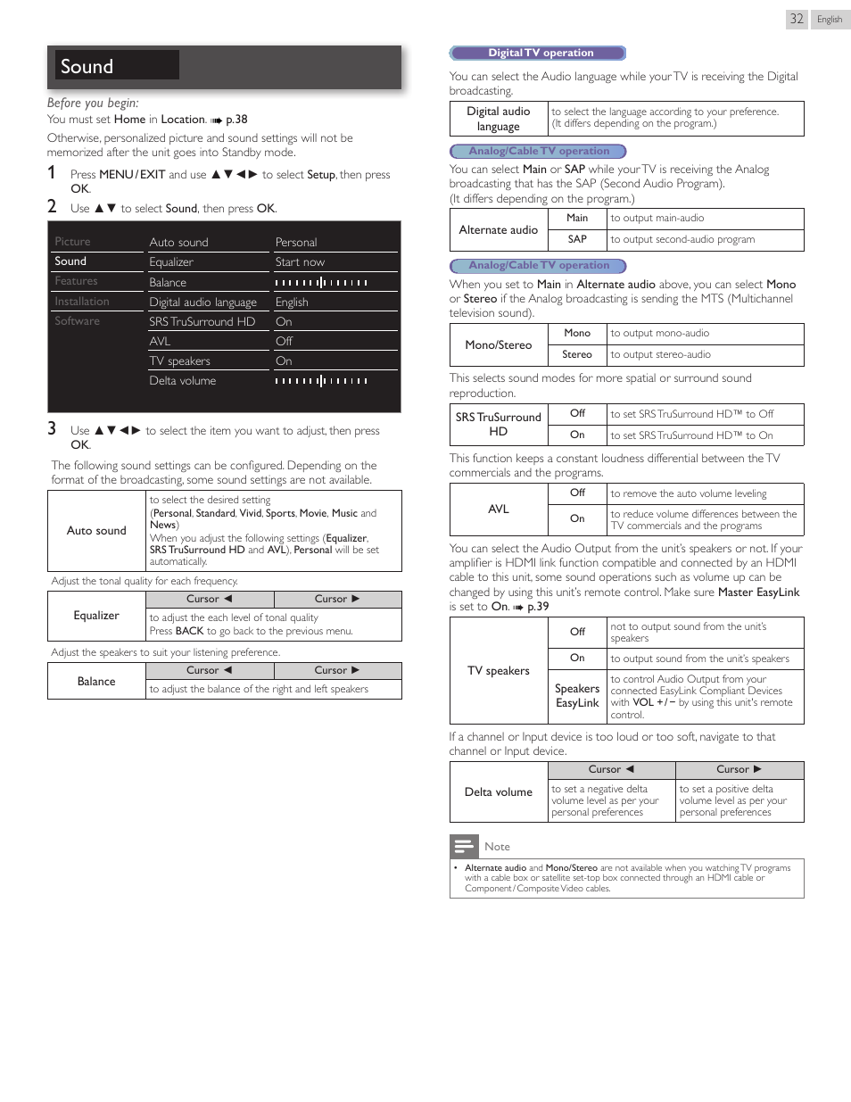 Sound, P. 32 | Philips 40PFL4907-F7 User Manual | Page 32 / 67