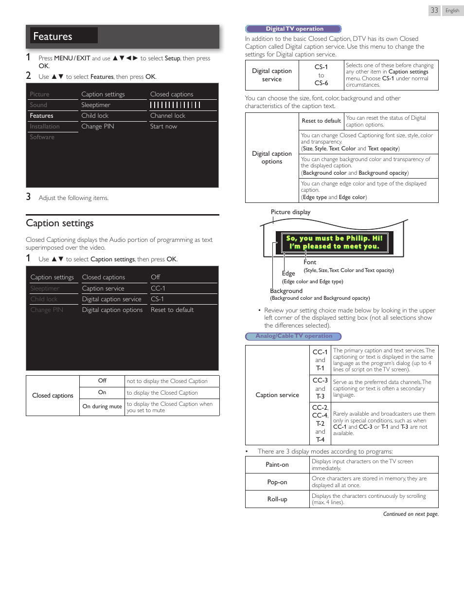 Features, Caption settings, P. 33 | Philips 40PFL4907-F7 User Manual | Page 33 / 67