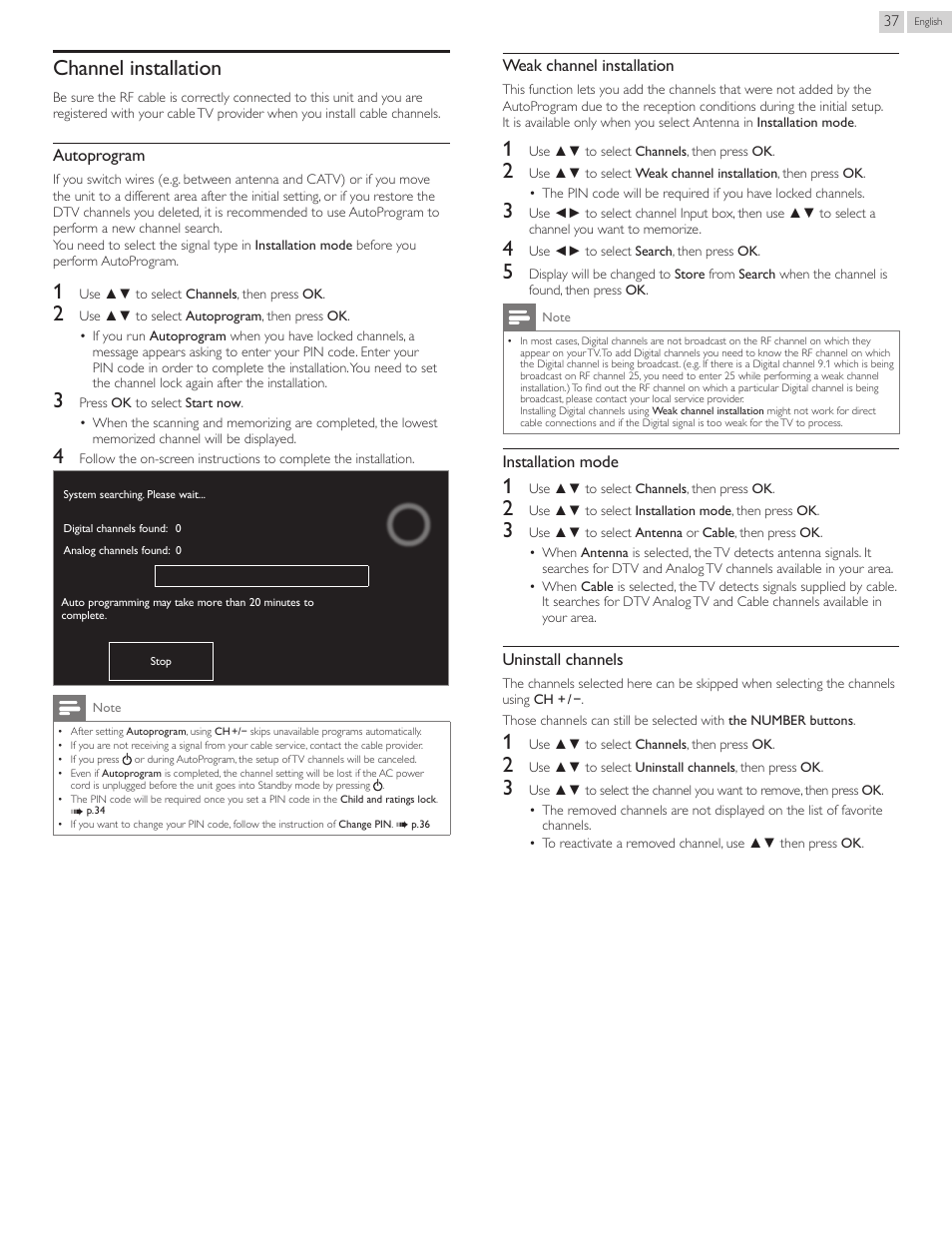 Channel installation, P. 37 | Philips 40PFL4907-F7 User Manual | Page 37 / 67