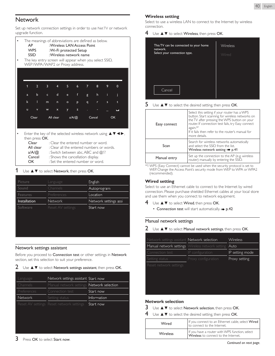 Network, P. 40, Network settings assistant | Manual network settings | Philips 40PFL4907-F7 User Manual | Page 40 / 67