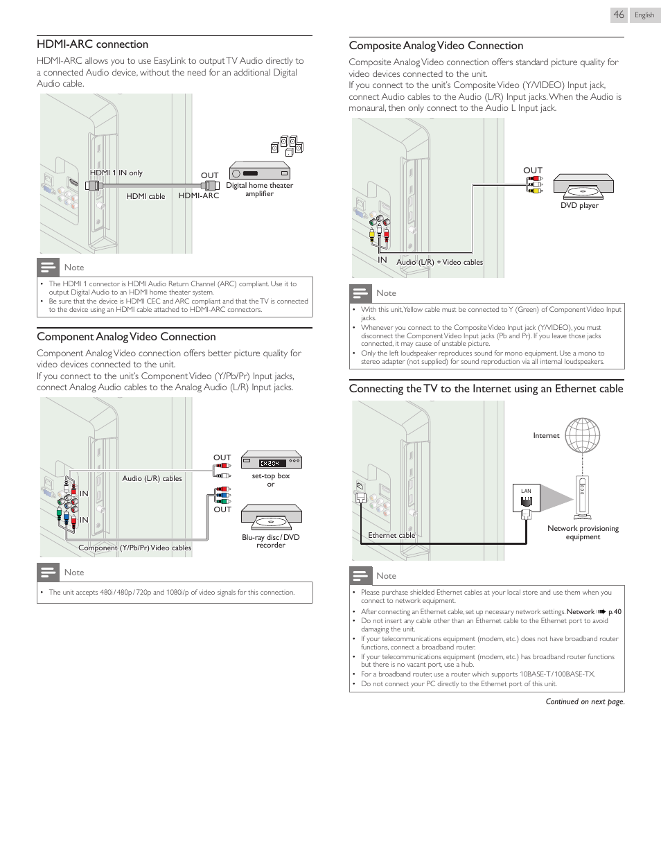 P. 46, Hdmi-arc connection, Component analog video connection | Composite analog video connection | Philips 40PFL4907-F7 User Manual | Page 46 / 67