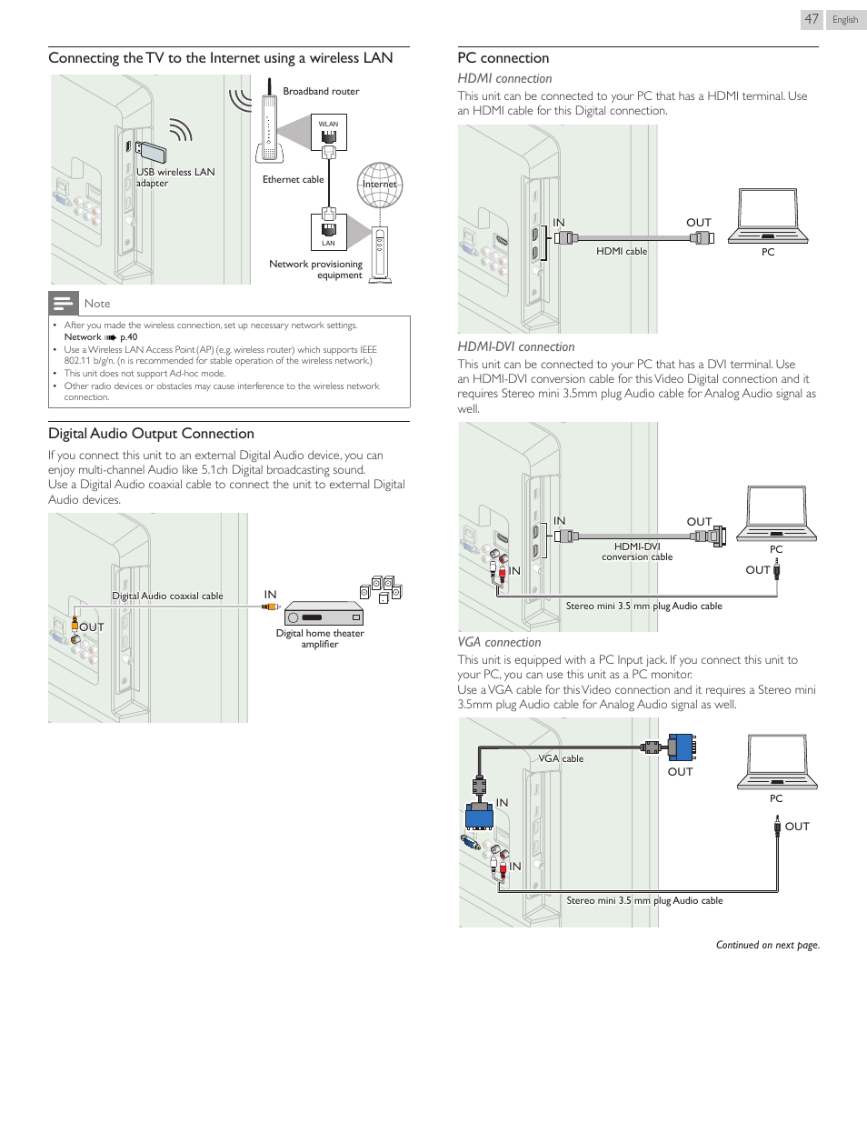 P. 47, Digital audio output connection, Pc connection | Philips 40PFL4907-F7 User Manual | Page 47 / 67