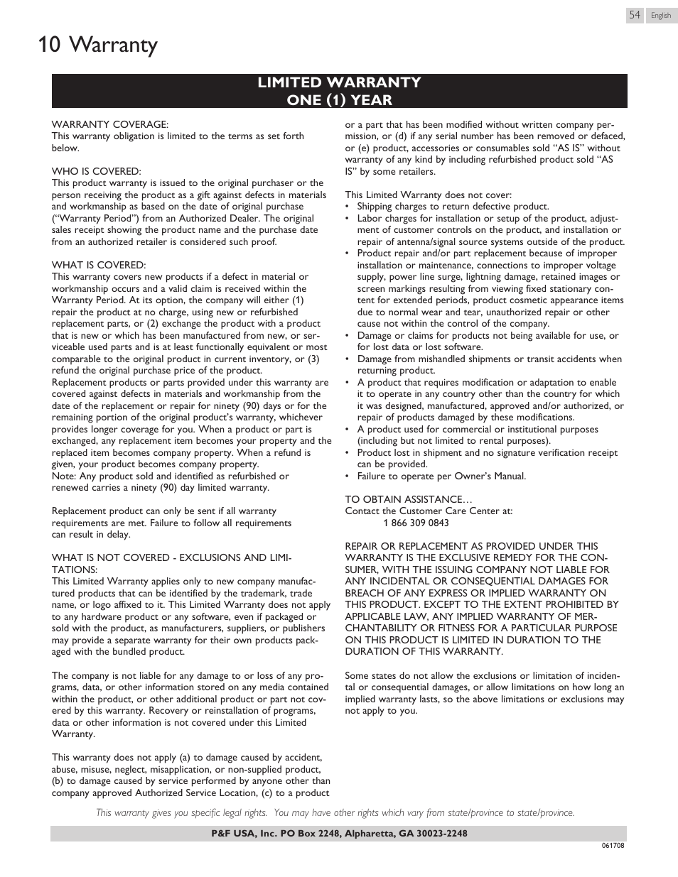Warranty, 10 warranty, Limited warranty one (1) year | Philips 40PFL4907-F7 User Manual | Page 54 / 67