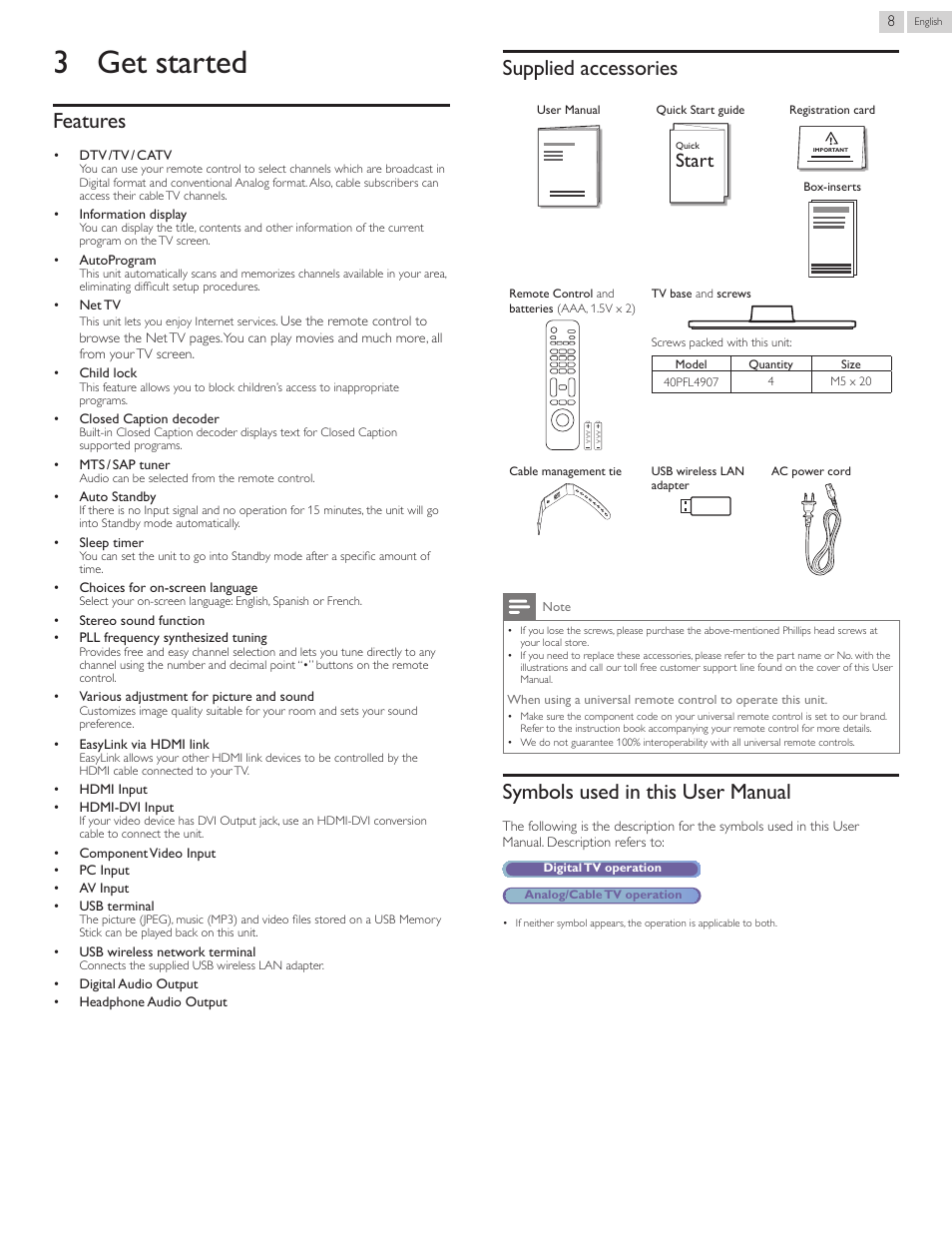 3 get started, Features, Supplied accessories | Symbols used in this user manual, Start | Philips 40PFL4907-F7 User Manual | Page 8 / 67