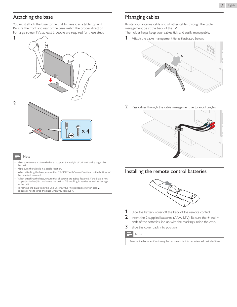 Attaching the base, Managing cables, Installing the remote control batteries | Installing the remote control batteries 1 | Philips 40PFL4907-F7 User Manual | Page 9 / 67