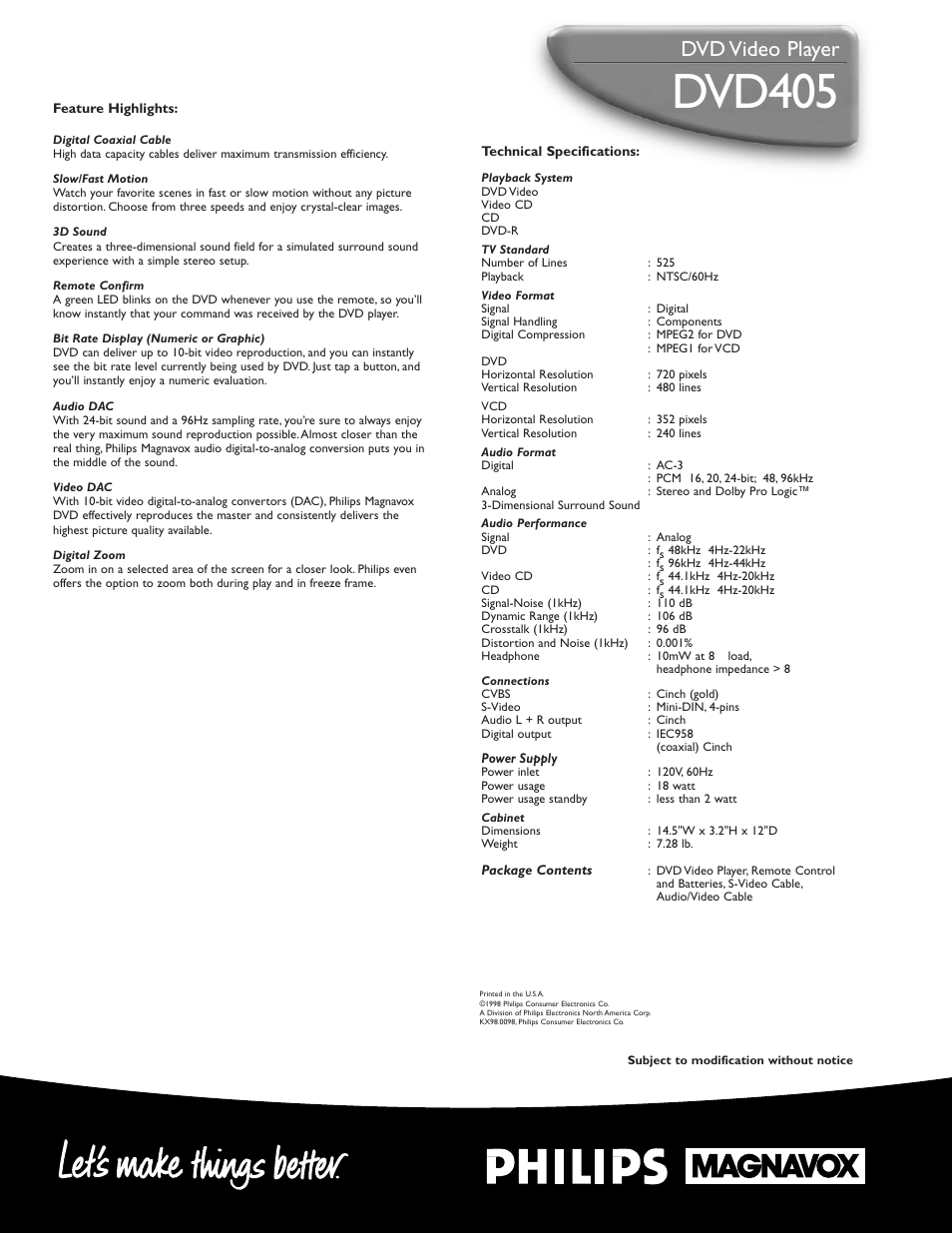 Dvd405, Dvd video player | Philips DVD VIDEO PLAYER User Manual | Page 2 / 2