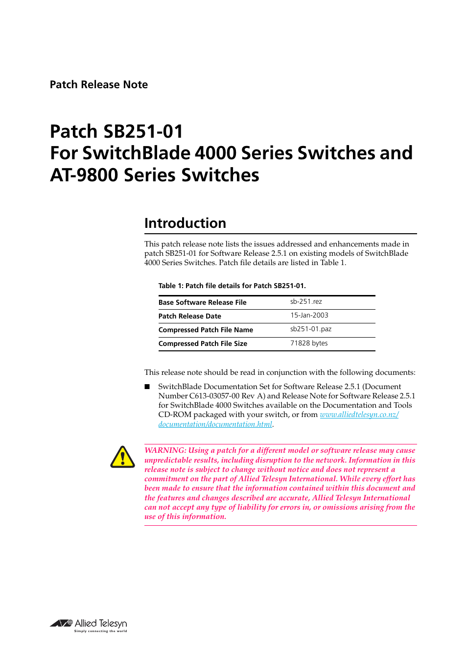 Allied Telesis SB251-01 User Manual | 4 pages